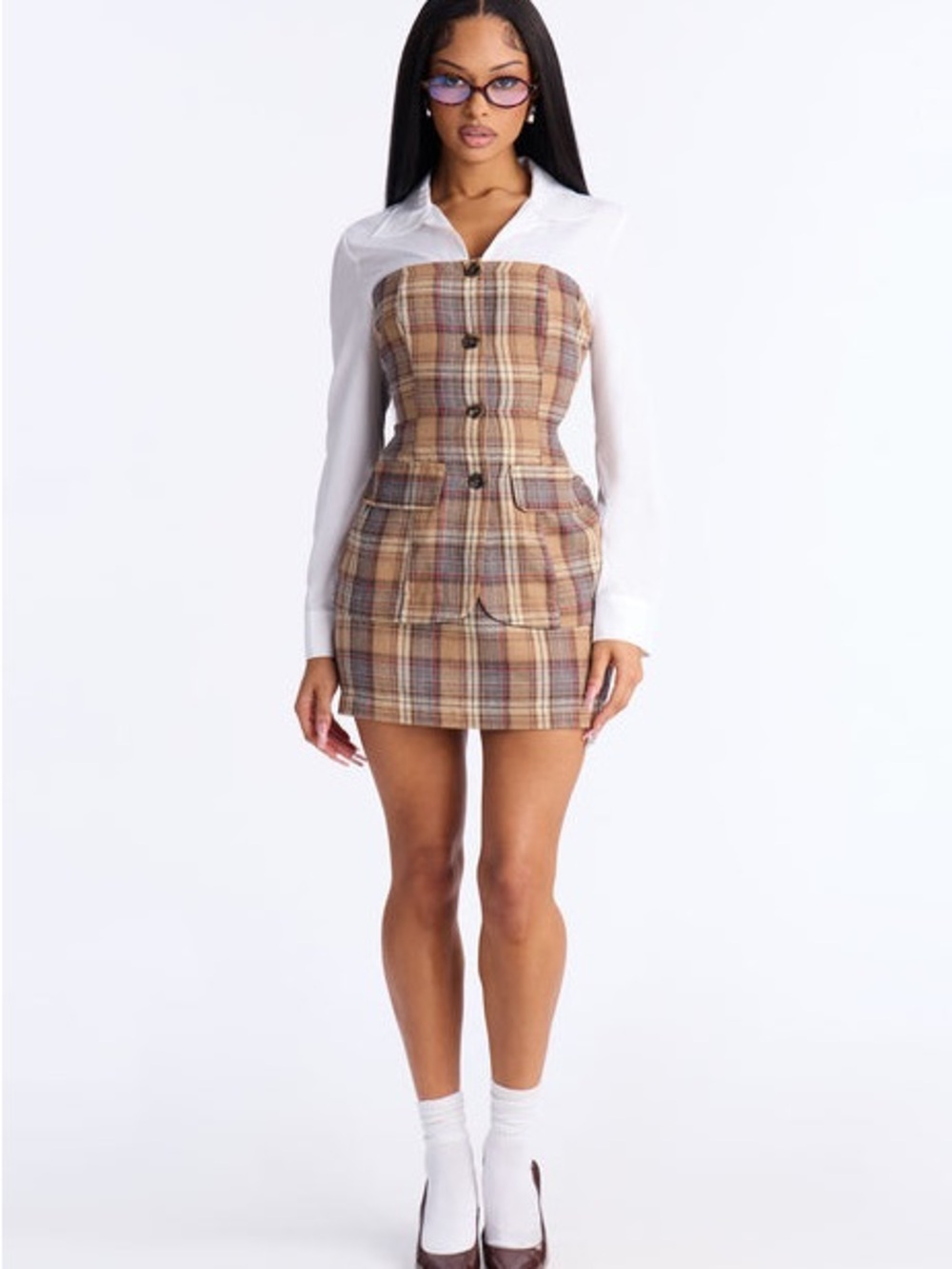 Fashion Nova Plaid Tan & Brown Two-Piece Skirt Set - Picture 2 of 3